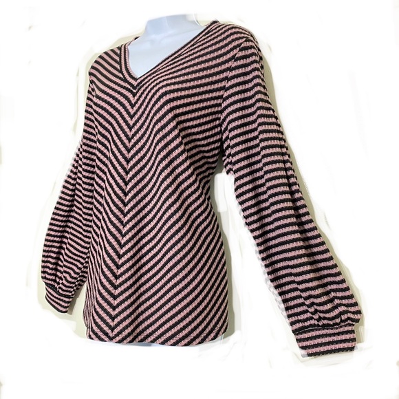 Workshop Republic sweater PINK & BLACK v-neck striped long bishop sleeve size L - Picture 7 of 9